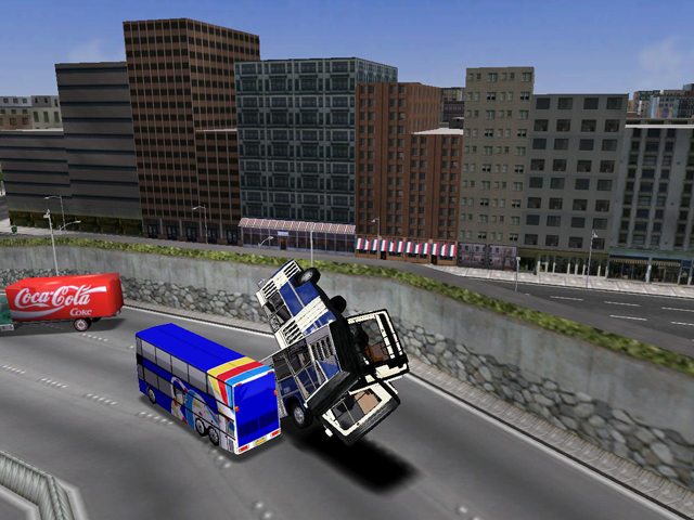 I was driving HQTM'S Ikarus bus down the highway in San Fran. Since the bus's brakes aren't very good, I have to slow down early. The blue bus hit me at 70Mph and sent me flying into the air.