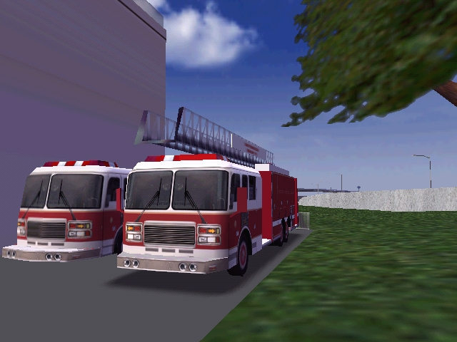 Hiya folks, today we have two fire trucks at the fire station. One is a ladder unit, and one is the default fire truck as a prop without its trailer. :-( This image was improved by using the ''camera cheat.'' :P BTW Wish me a happy birthday. As of June 19