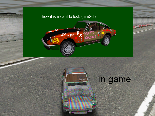 help! im using mm2csc to try to create a paintjob for hqtm triumph car. It looks fine in mm2ut but when i tested in game the textures are gone all wierd