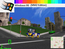 A loading screen that I could make if I had a Windows 95. 

The colorful rainbow is the loading bar.

The car is a Fiat. I think the people in the car are from a cartoon.

If you want to listen to the start-up sound, go to http://windowsnintyfivelaj