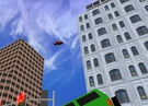 Just jumpin' from building to building. You can reach this height by driving up the sloped edge of the Embarcadero Hyatt Hotel. This is the only building you can enter (aside from the Pyramid, Moscone Convention Center, and the Metreon theater.) It h